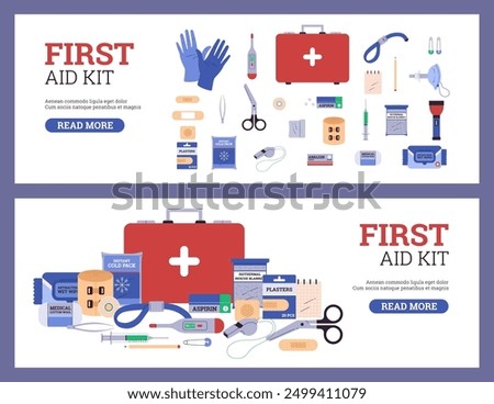 Vector set of banners with two illustrations of a first aid kit containing medicines. First aid concept presented in flat cartoon style on isolated background.