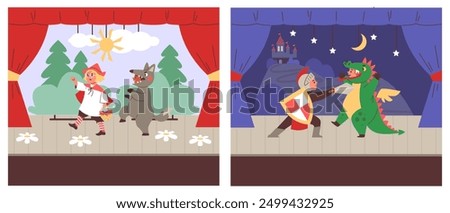 Theatre children in costumes on scene of theater vector illustrations set. Kids actors performing Red Hood fairy tale and knight and dragon. Cartoon theatre stage with curtains and decorations