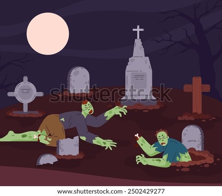 Resurrection of zombies in the cemetery vector flat illustrations set. Halloween horror graveyard background with zombie corpse and walking dead, full moonlight and tombstones