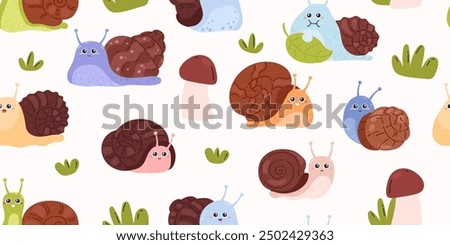 Cute colorful snails with expressive eyes and different shell patterns in a seamless vector illustration set. The snails are surrounded by grass and mushrooms, creating a whimsical and playful design.