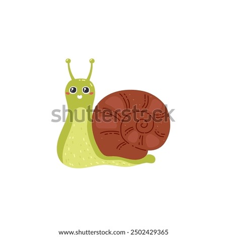 Vector illustration of cute green snail with a brown shell. The snail has big, expressive eyes and a smiling face. Its body is bright green with a light yellow underside.