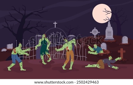 Vector illustration depicting the walking dead in green against the background of a cemetery. Zombie apocalypse. Creepy characters with rotting bodies. Ideal for Halloween. Flat cartoon style.