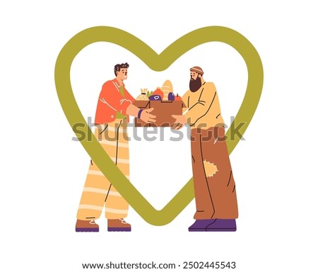 Two men exchanging a box of food inside a heart-shaped outline. Vector illustration highlighting food sharing, community support, and kindness. Colorful and simple design for charity concepts.