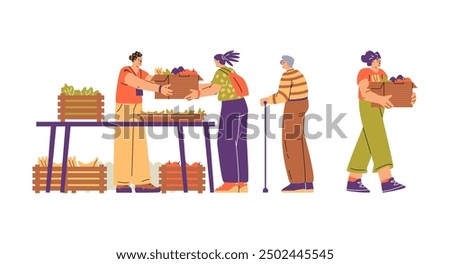 People foodsharing vector illustration set of diverse individuals distributing and receiving boxes of fresh vegetables at a table. Community members helping each other with food donations.