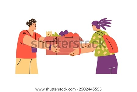 A vector illustration of a food exchange, which shows a box of fruits and vegetables. The couple shares food as part of a joint action, emphasizing support