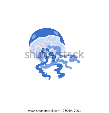 Blue floating translucent jellyfish. Aurelia Aurita. Umbrella-shaped base and thin long tentacles. Inhabitants of the ocean and sea depths. Vector illustration isolated on white background.