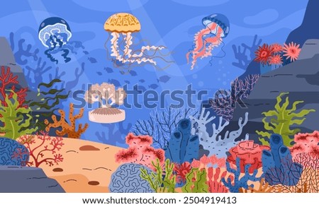 Vector illustration of beautiful jellyfish with graceful tentacles on a background of algae, corals and the seabed. Life below the surface of the ocean