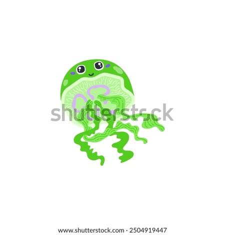 Cute smiling jellyfish with big eyes. Aurelia Aurita. Cartoon style. Main translucent body is umbrella-shaped and has thin tentacles. Inhabitants of the depths of the ocean. Vector illustration.