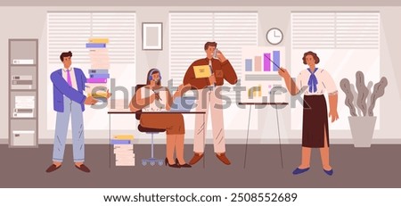 The height of the working day in the office. Managers talk on the phone, show a report, and carry folders with documents. Statistics, income and expenses data. Women and men. Vector illustration.