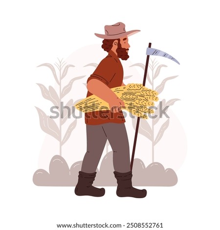 A farmer in a hat and peasant clothes is walking. In one hand he holds a sheaf of wheat, and in the other a scythe. Corn field in the background. Agriculture. History. Ancestor. Vector illustration.