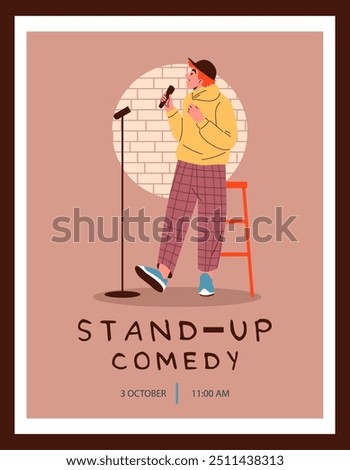 A vector poster is an invitation to a performance with a stand-up comedian with a microphone in his hands, uttering jokes, a humorous monologue on a modern stage.