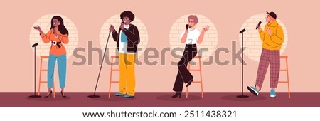 A vector collection with an open microphone: women and men with a microphone in their hands, uttering jokes, a humorous monologue on a modern stage