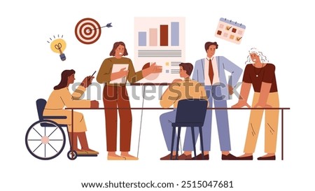 People have business meeting in the office with diagrams, goal. Disabled employee in wheelchair engaged in corporate conversation. Vector illustration for inclusion, business conference, teamwork