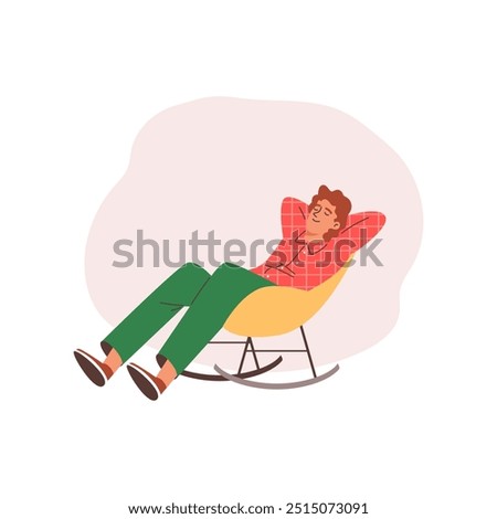 The man sat comfortably in a rocking chair and dozed off. Soft cozy home furniture. Happy character enjoying vacation. Daytime sleep. Cartoon style. Vector illustration isolated on white background.