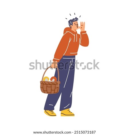 Man with a basket of mushrooms get lost in wilderness, screams trying to call for help and find way home. Cartoon frightened disoriented mushroom picker lost vector flat illustration