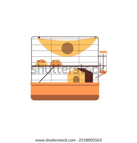 Vector illustration of a two-story hamster cage on an isolated background. Cage for a pet with a house, a drinking bowl, a bowl of food and a hammock. Flat cartoon style.