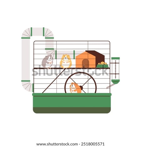 Cage with hamsters. Vector illustration of a two-story green hamster cage. Includes a house, wheel, food bowl, water bottle and a maze pipe. Flat cartoon style.