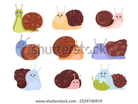 A vector set with cute snails in a cartoon style. The set features smiling snails with a brown shell, sticky slime, which creates a fun and friendly environment.