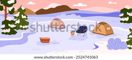 Vector illustration of a winter forest landscape with a frozen lake, where fishermen set up tents and drilled holes for fishing. Ice fishing. Flat cartoon illustration on an isolated background.