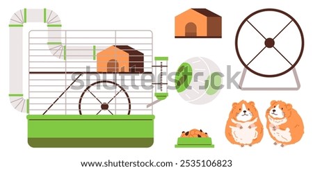 A set of vector illustrations showing a two-story hamster cage, complete with hamsters and various accessories. Includes a house, wheel, ball, food bowl, water bottle, and a tube. Flat style.