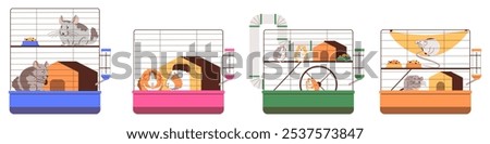 Vector illustration of a set including cages with various pets. Hamsters, chinchillas, rats and guinea pigs inhabit these animal houses in flat cartoon style.