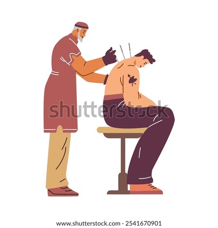 Alternative medicine. Vector illustration on a white background with a Chinese doctor who conducts an acupuncture session for a young guy. Ideal for medical design.