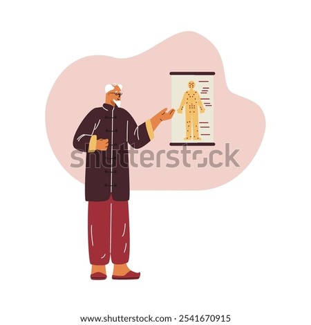 Alternative medicine. Vector illustration of a Chinese elderly doctor who conducts an acupuncture lesson on a poster with an image of the human body.