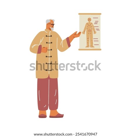 Alternative medicine. Vector illustration, with a Chinese doctor who teaches a lesson on acupuncture at a poster with a human body. Perfect for health design.