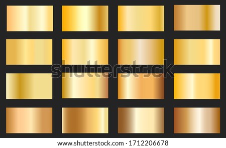 Gold foil texture background set. Vector golden, copper, brass and metal gradient template.Collection of golden metallic gradient.