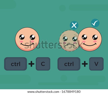Copy paste shortcut with emoticon cartoon vector illustration. the emoticon illustrate duplicate the happiness to others