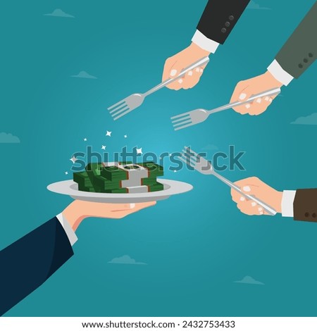 Money in plate and businessman hands hold fork. Illegal levies vector illustration