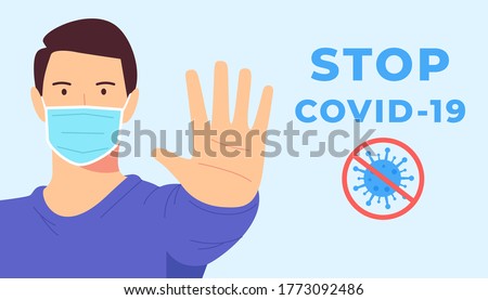 Coronavirus, covid, nCoV, stop, health protection concept. Protection from coronavirus illustration. Man in face mask stops 2019ncov, covid 2019. Medical quarantine. Preventive health safety. Vector