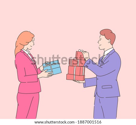Love, dating, romance, relationship, togetherness, couple concept. Happy attractive woman and smiling man holding gifts on Valentine's Day.