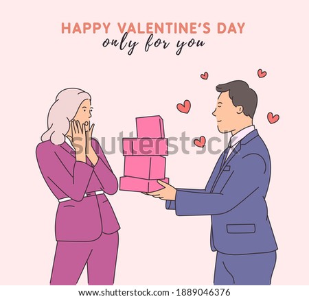 Love, dating, romance, relationship, togetherness, couple concept. Handsome young happy man cartoon character giving gifts to shocked woman. Modern line style illustration