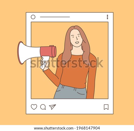 Social media influencer marketing and blogger concept. Young beautiful woman shouting in loud speaker with social media icons. Influence blogger, digital smm, web marketing online