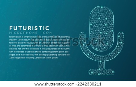 Blue futuristic microphone concept with polygon node connected dots and neon effect