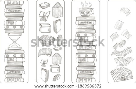 Set of four bookmarks with black and white doodle art with books.