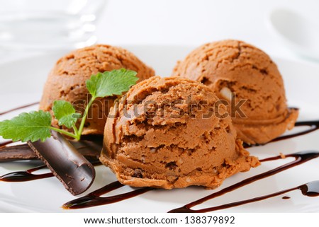 Scoops of chocolate ice cream with mint on a decorated plate