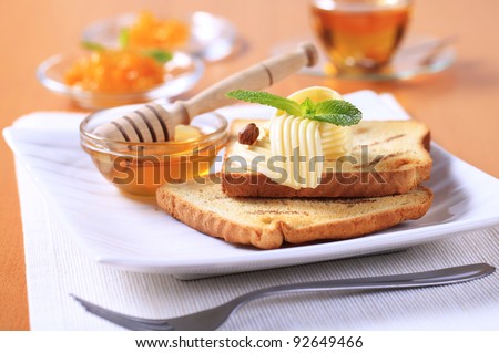 Breakfast - Toasted bread, butter, honey and jam