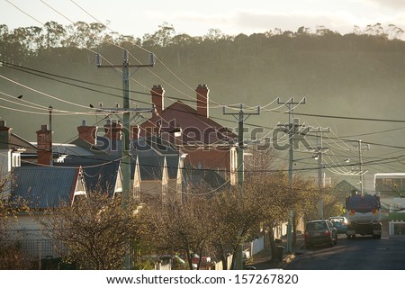 Power Lines running through a suburban street beautifully backlit by the early morning sun
