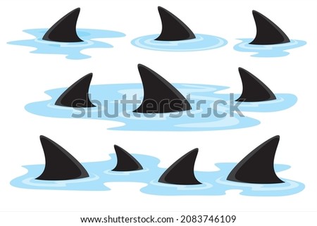 Set of Shark fin. Silhouette of a shark in the water. Cartoon shark illustration 