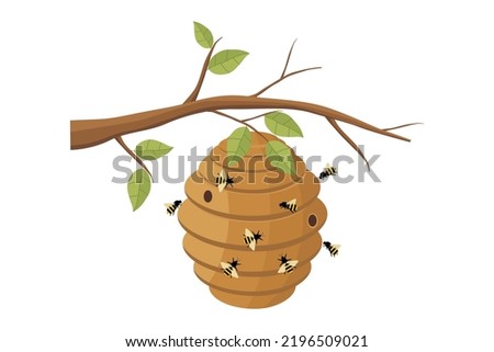 Vector illustration of a beehive. Illustration of a beehive on a tree branch. A swarm of bees perched on the hive