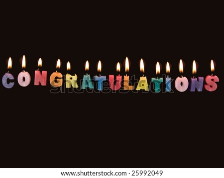 Congratulations in wax candles with flame on a black background