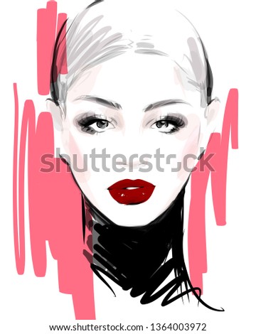 Young woman model face hand drawn fashion illustration. Glamour girl portrait sketch.