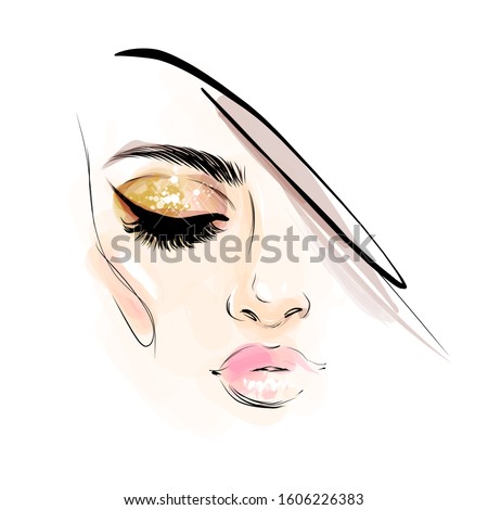 Beautiful woman face makeup with closed eye vector illustration for cosmetics sale banner design. Fashion girl with smoky eyes, pink lips and blush portrait drawing isolated on white background.