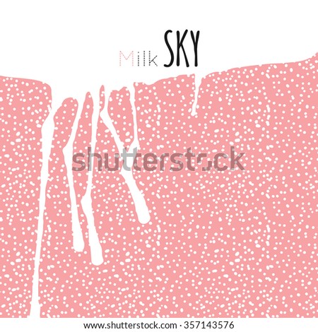 Pink, sky, cloud, milk, winter, snow, rain. Hand drawn vector illustration. Line art ink sketch. Watercolor abstract background. Mixed Media, paper cut. 