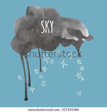 Night, sky, cloud, winter, stars, moon, snow, rain. Hand drawn vector illustration. Line art ink sketch. Watercolor abstract background. Mixed Media, paper cut. 