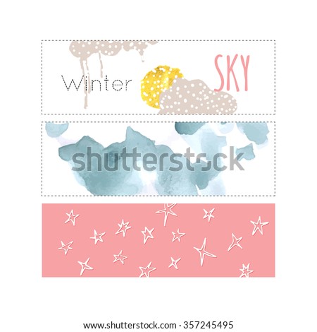 Night, sky, cloud, winter, stars, moon, sun, snow, rain. Hand drawn vector illustration. Line art ink sketch. Watercolor abstract background. Mixed Media, paper cut. 