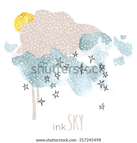 Night, sky, cloud, winter, stars, sun, moon, snow, rain. Hand drawn vector illustration. Line art ink sketch. Watercolor abstract background. Mixed Media, paper cut. 
