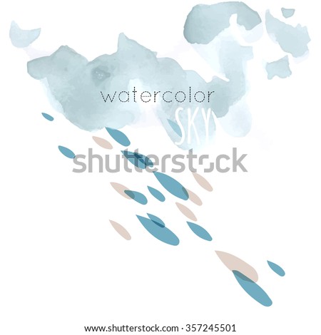 Morning, sky, cloud, winter, stars, moon, snow, rain. Hand drawn vector illustration. Line art ink sketch. Watercolor abstract background. Mixed Media, paper cut. 